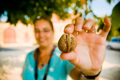 Woman holding up walnut outdoors