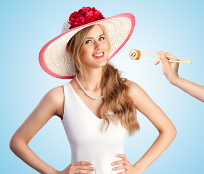 Beautiful woman getting ready to taste Asian seafood